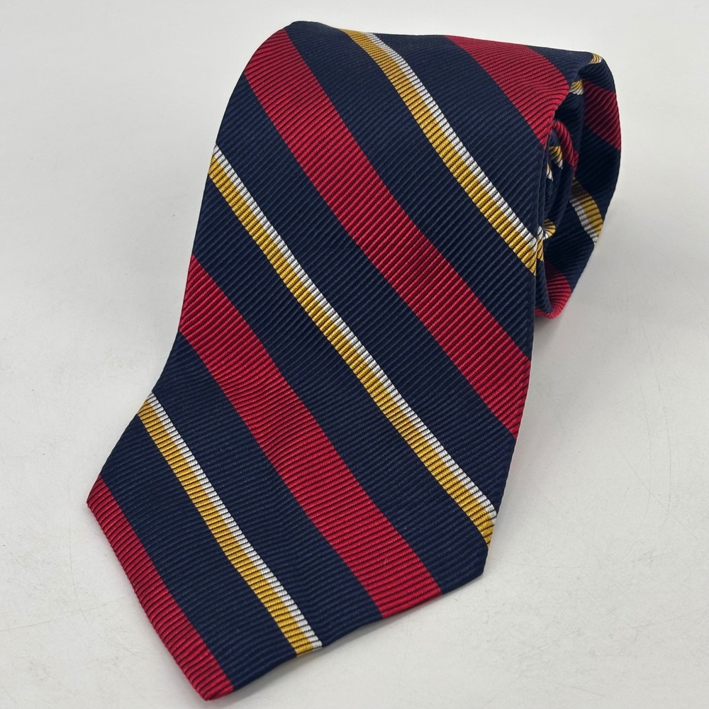 Lauren Ralph Lauren Tie Mens OS Navy Red Gold Silk Cotton Rep Stripe Made in USA